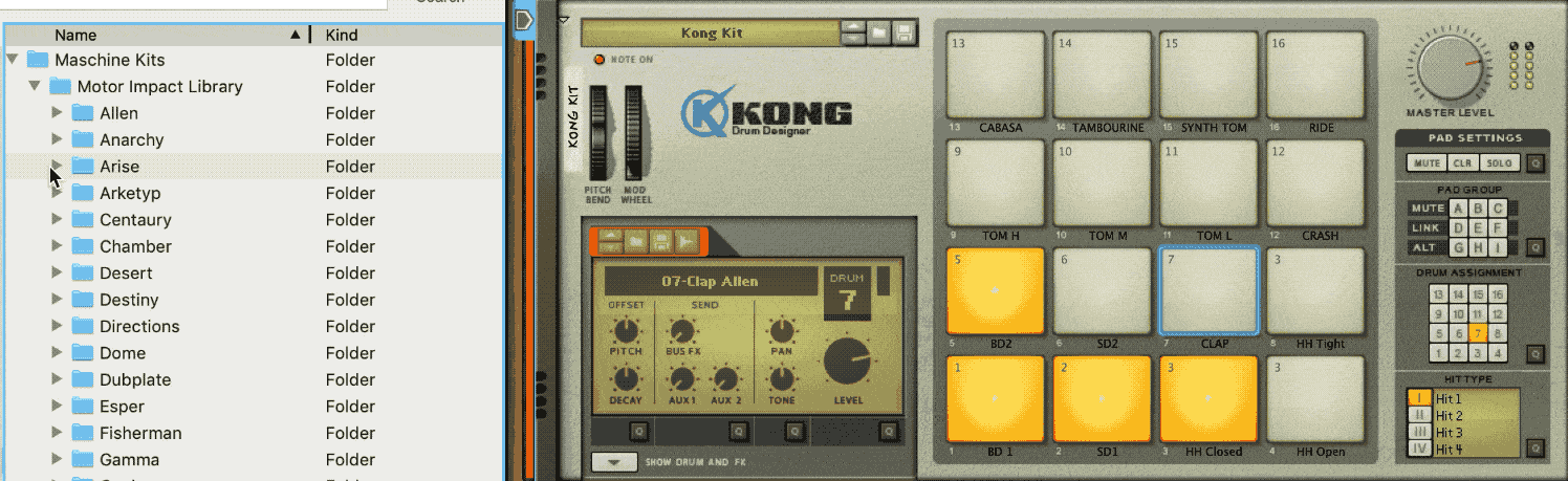 Dragging a Kit Maker kit folder onto the pads in Reason Kong