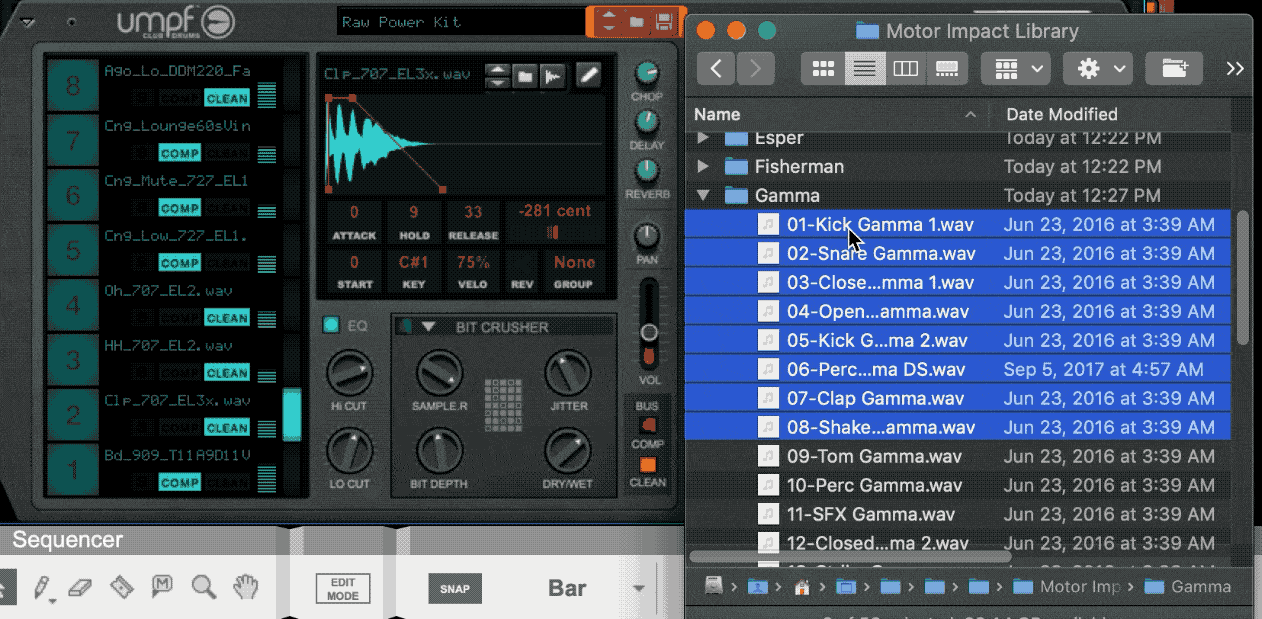 Dragging a Kit Maker kit folder onto the pads in Reason Umpf