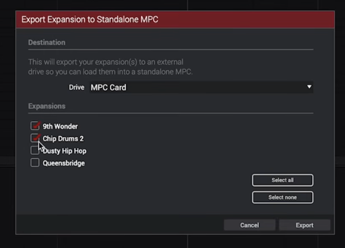 The Export Expansion dialog with the SD card selected and the Expansion checked, ready to export.