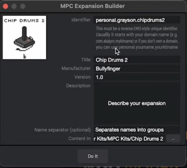 Expansion Builder with a kits folder in the content area and artwork in the image area, with the title, manufacturer and identifier fields filled in.