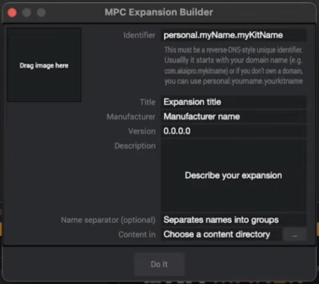 The MPC Expansion Builder app open on the desktop, empty, ready for kits and artwork.