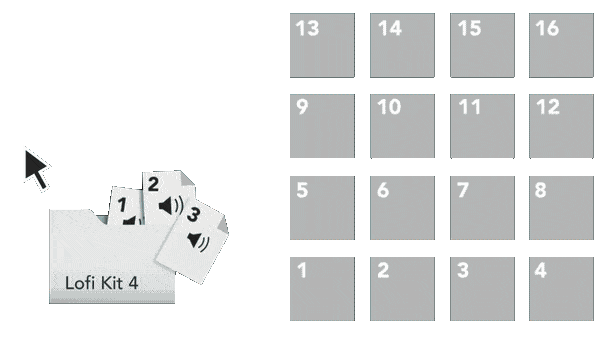 Numbered sample files dropping onto a 16-pad grid in order