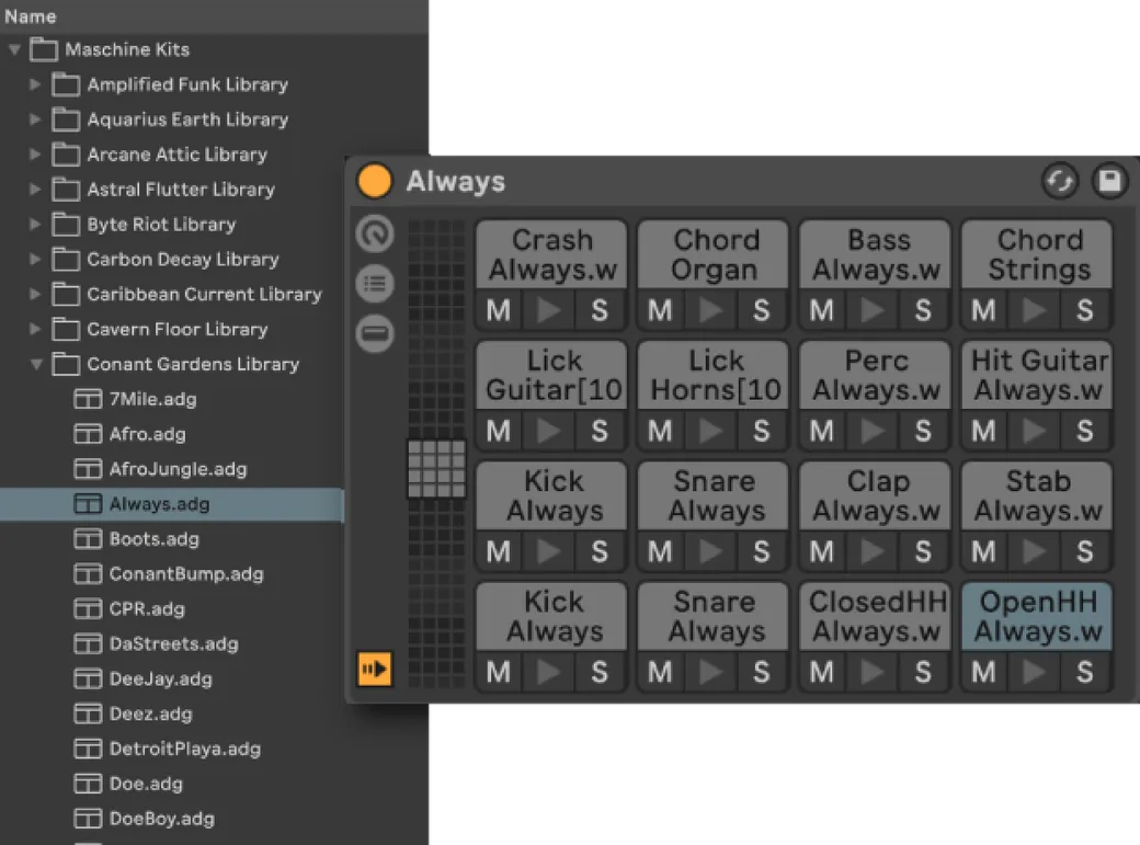 Kit Maker kits in the Ableton Live browser, loaded onto a Drum Rack