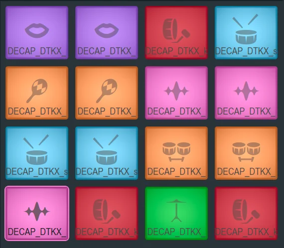 FPC drum kit in FL Studio with every pad colored and iconed by sound type