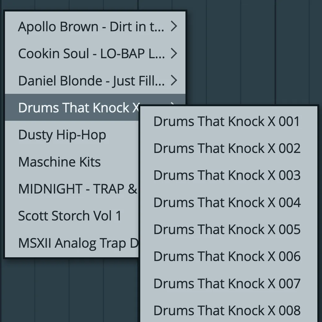 FL Studio's FPC preset menu, with Kit Maker kits organized in a folder for each sample pack