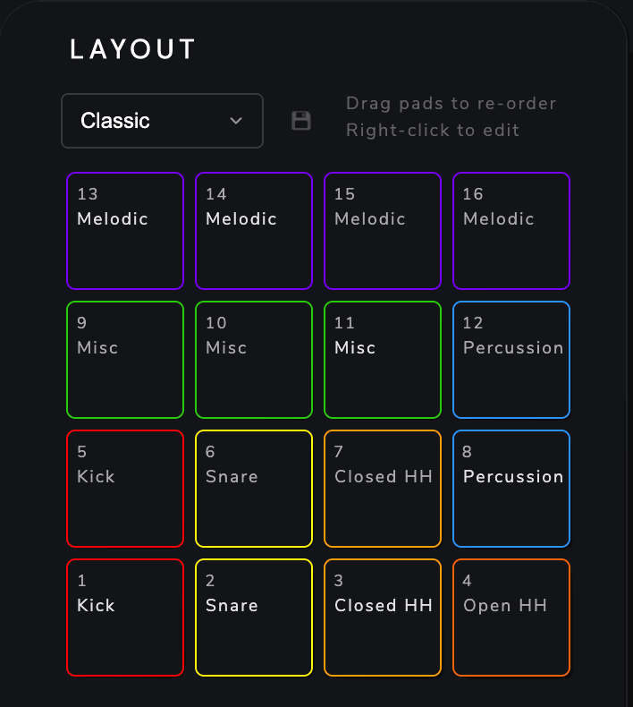 The Layout panel: dropdown, Save button and the 4x4 pad grid