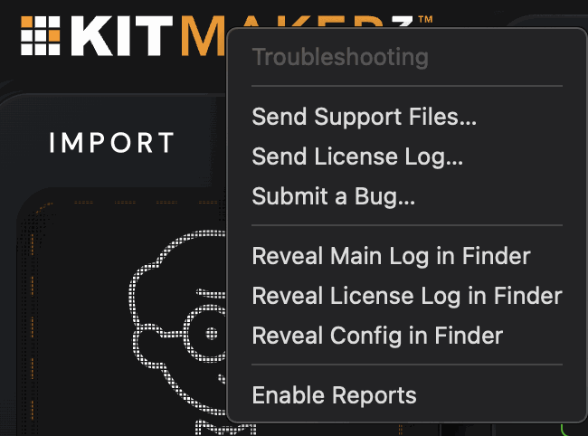 The Troubleshooting menu from right-clicking the Kit Maker 3 logo