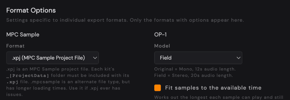Preferences: Format Options, MPC Sample and OP-1