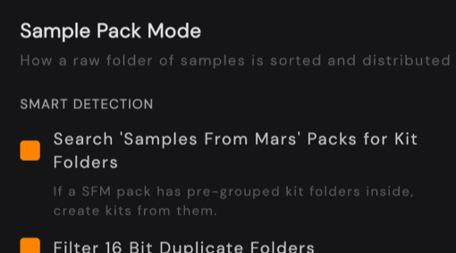 Preferences: the top of the Sample Pack Mode section