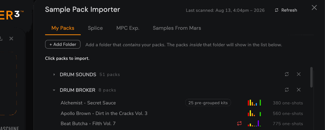 Sample Pack Importer: the four tabs, category bars and sample counts