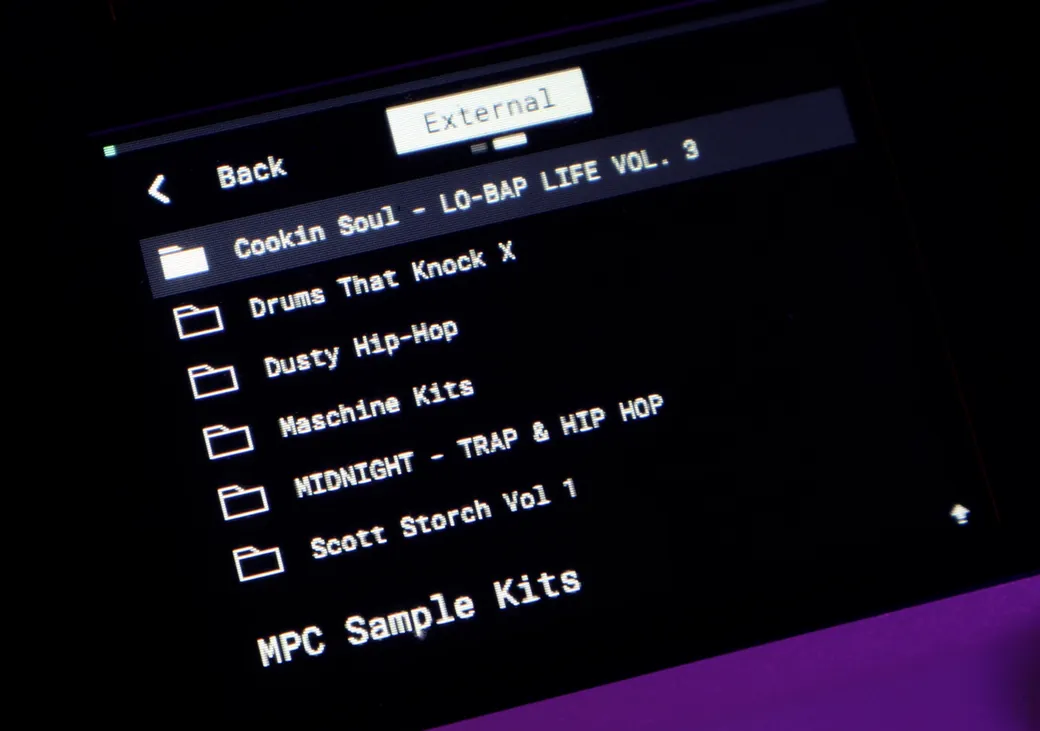 Kit Maker drum kits in the Akai MPC Sample browser, organized into folders by sample pack