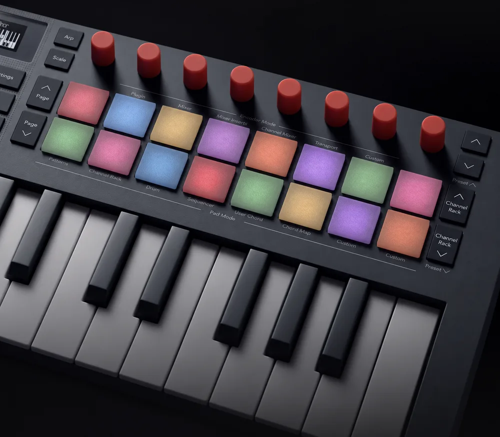 Novation FLkey 2 with its drum pads lit in the FPC kit's colors
