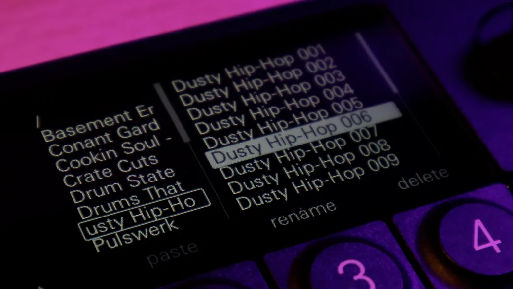 An OP-XY's preset browser showing a pack of Kit Maker drum kits