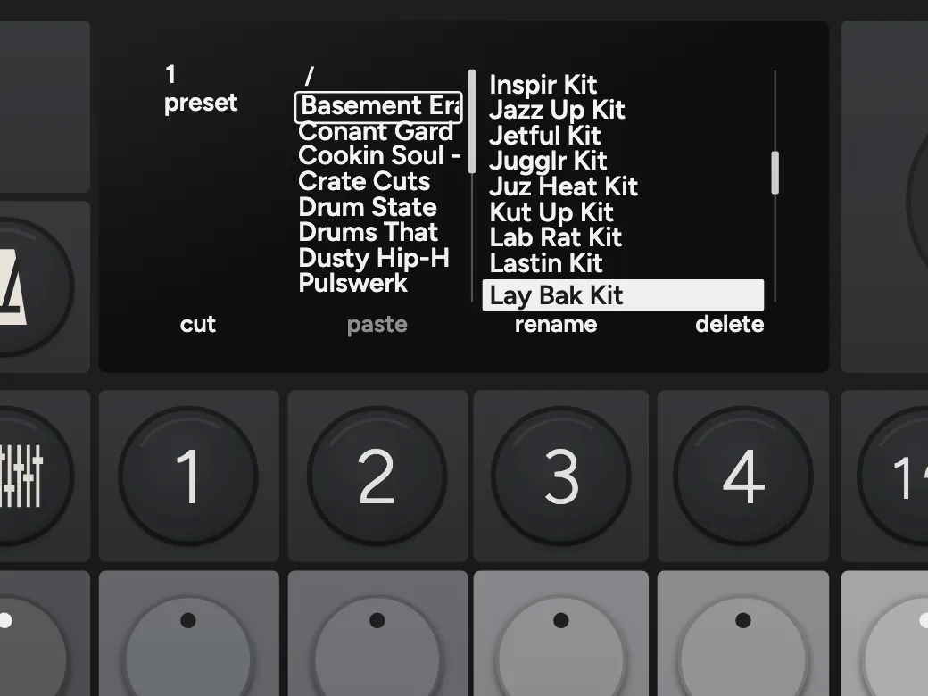The OP-XY's preset browser, with Kit Maker drum kits listed by pack and ready to load