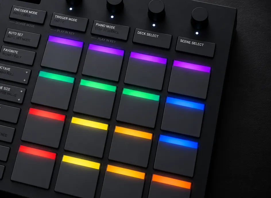 The drum pads of a Serato SLAB controller, lit in different colors