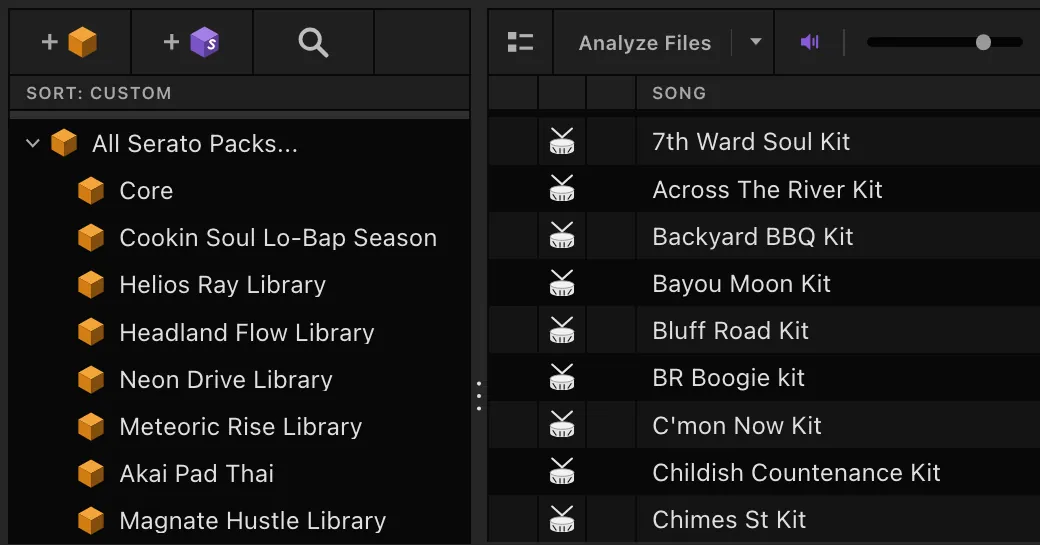 Serato Studio's Drums browser, with Kit Maker packs listed under All Serato Packs and the kits inside them
