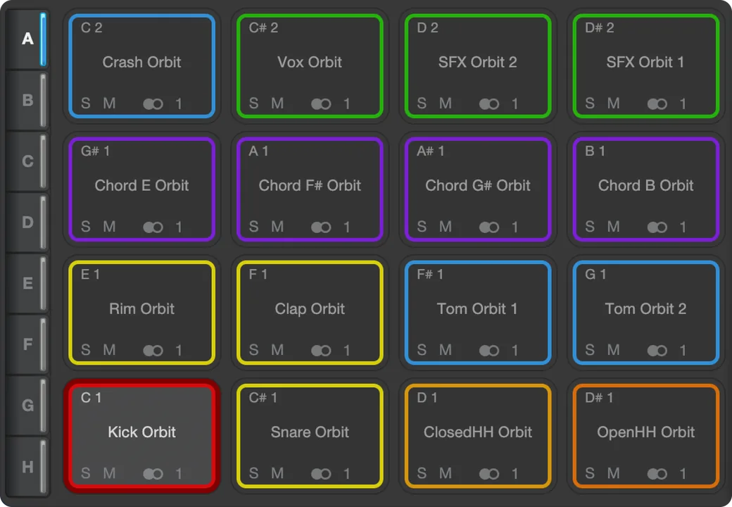 A Kit Maker kit loaded in Impact in Studio One, with each pad colored by drum type
