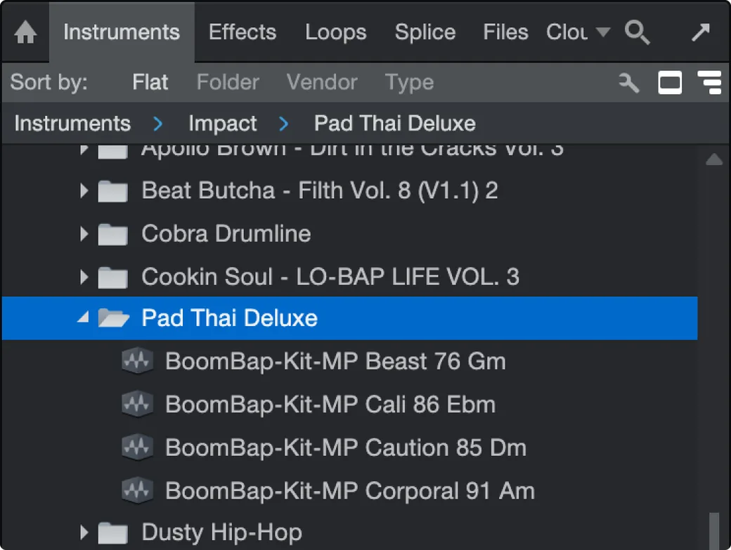 Kit Maker's Impact kits in the Studio One browser, organized by sample pack